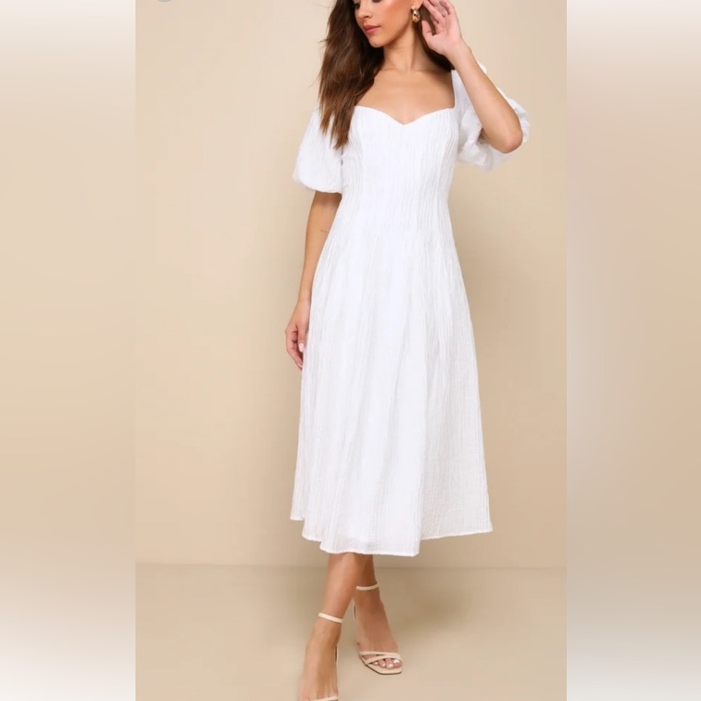Lulu's White Puff Sleeve Midi Dress